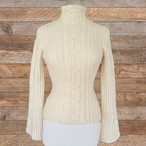 RALPH LAUREN SPORT Wool Cashmere Mock Neck Cable Knit Sweater Ivory